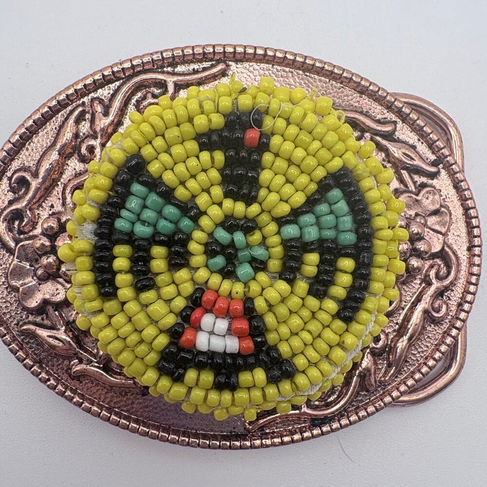 Rose-gold Tone Floral Belt Buckle with Hand-beaded Thunderbird Center